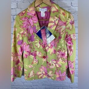 NWT Vintage Susan Graver Pink Green Yellow Preppy Tropical Lined Floral Blazer 6